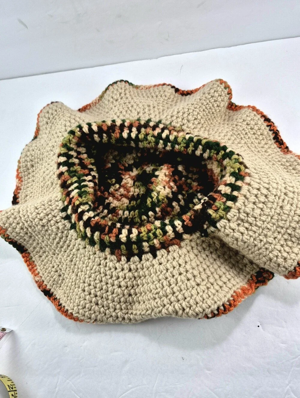 Handmade Boho Crochet Wide Brim Hat Camo Earth Tone Floppy festival Hat 70s Vibe
